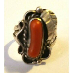 Navajo Signed Coral Sterling Silver Ring sz 5.5